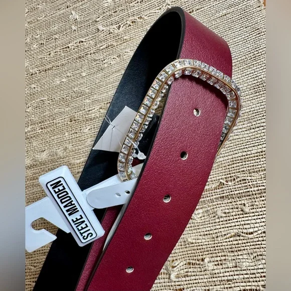 Steve Madden Reversible Vegan Leather Belt Black Burgundy Rhinestone Buckle Med. - Picture 10 of 12